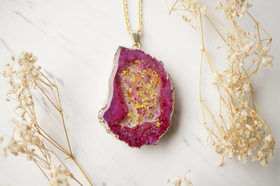 Real Dried Flowers and Resin Necklace, Magenta Druzy Geode in Pink Yellow Orange Gold