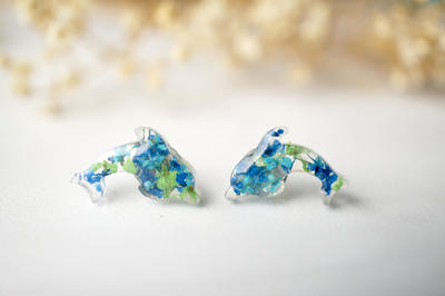 Real Dried Flowers and Resin Dolphin Stud Earrings in Greens and Blues