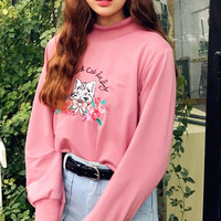 Cat Flower Embroidered Sweatshirt - Thumbnail 1
