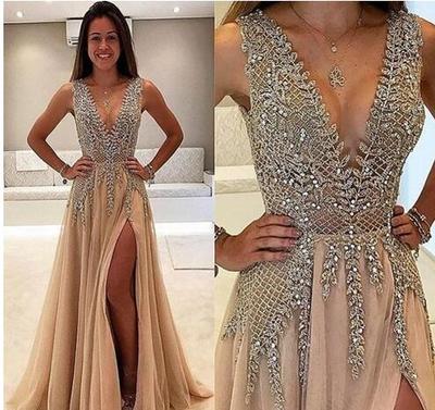 Beaded Side Split Prom Dresses Long Crystal Deep V Neck A Line Evening Gowns Formal Tulle Plus Size Party Dress
