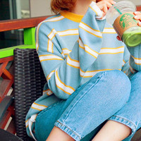 Pastel Color Striped Knitted Pullover Sweater - Thumbnail 1