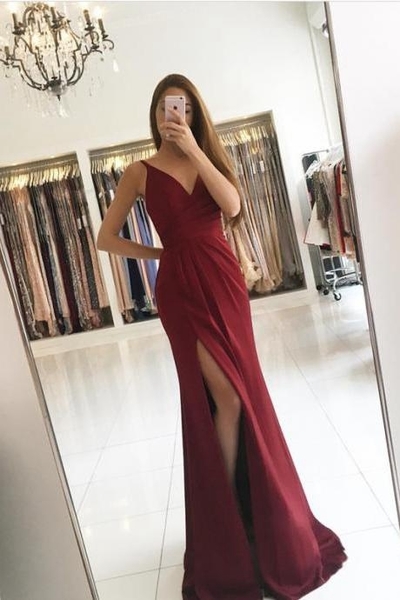 Simple burgundy chiffon long prom dress,burgundy evening dresses