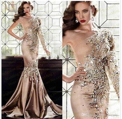 Crystal Evening Dresses 2017 Abaya In Dubai One Shoulder Rhinestone Formal Gowns Muslim Long Sleeve Gold Prom Dresses