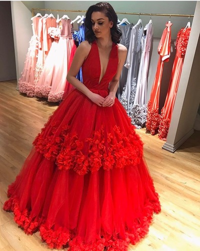 Cheap prom dresses 2018,Deep V Neckline Layered Tulle Prom Dresses Ball Gowns