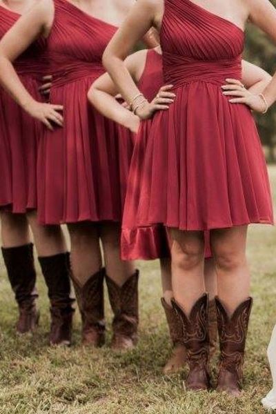 Short One Shoulder Burgundy Bridesmaid Dress