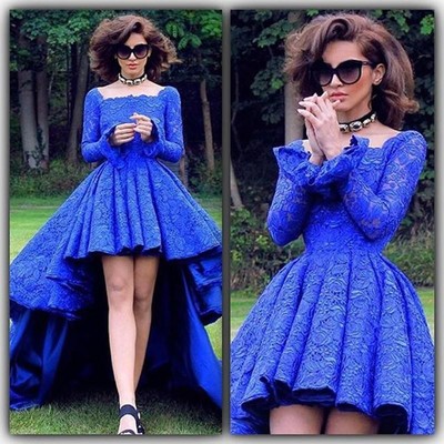 Royal Blue Lace High Low Prom Dresses Formal Backless Long Sleeve Evening Dresses Square Party Bridesmaids Dresses