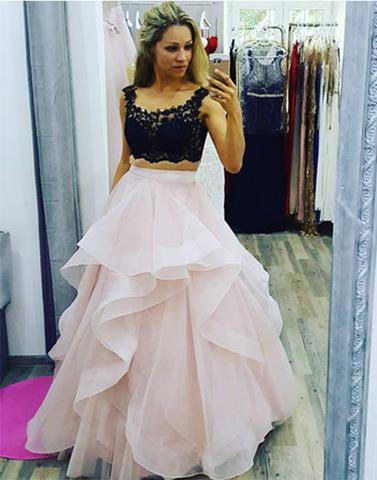 Stylish A-Line Two-Piece Balck Lace Top Tulle Long Prom Dress