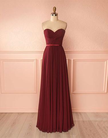 Simple A-line chiffon burgundy long prom dress, burgundy evening dress