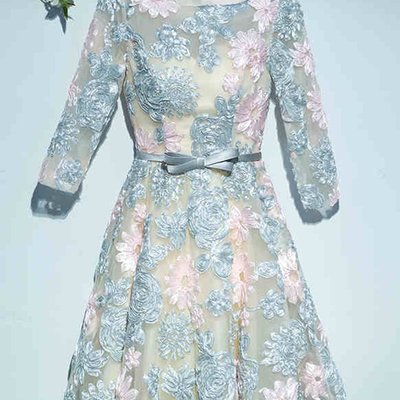 H82 a-line long sleeve lace satin short homecoming dress - Thumbnail 2