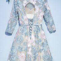 H82 A-Line Long Sleeve Lace Satin Short Homecoming Dress - Thumbnail 1