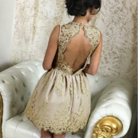 H84 A-Line Lace Satin Backless V-Neck Short Homecoming Dress - Thumbnail 1