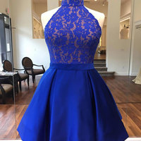 H85 A-Line Lace Rolyal Blue Pretty Short Homecoming Dress - Thumbnail 1