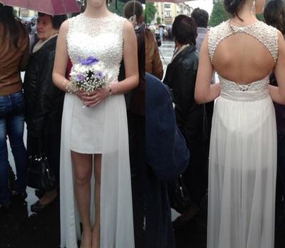 White High Low Beaded Open Back Homecoming Dresses, White Prom Dresses, Graduation Dresses
