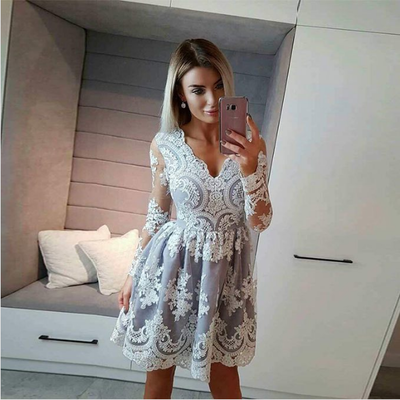 Gray lace long sleeve short prom dress, long sleeve lace evening dress - Thumbnail 3