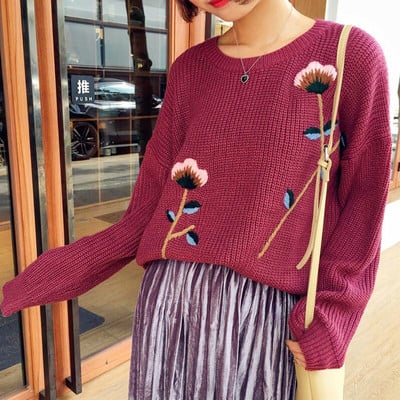 Retro Flower Embroidered Wavy Edge Knit Sweater
