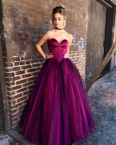 Simple burgundy strapless tulle long prom dress, burgundy evening dresses