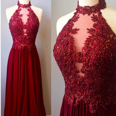 Burgundy high neck lace long prom dress, burgundy evening dress