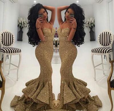 New Designer Bling Gold Sequins Mermaid Prom Dresses 2017 Spaghetti Open Back Ruffles Sweep Train Evening Gowns Pageant Dress Formal BA1086