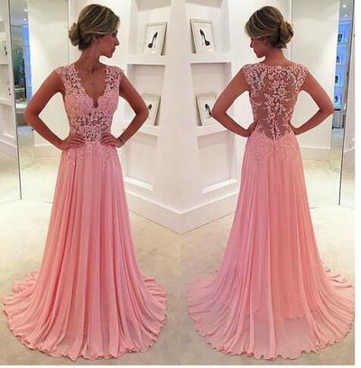 2017 Prom Dresses V-Neck Pink Sheer Lace Chiffon A Line Floor Length Long Evening Party Gowns