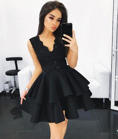 Black lace short prom dress, black homecoming dress