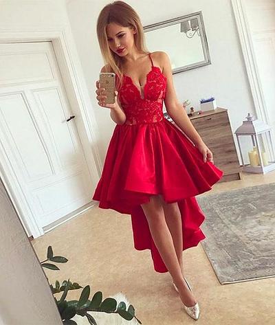 Red V neck high low prom dress, red homecoming dress
