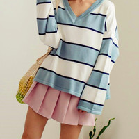Sweet V-neck Color Block Striped Knit Sweater - Thumbnail 1