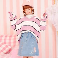 Sweet V-neck Color Block Striped Knit Sweater - Thumbnail 3