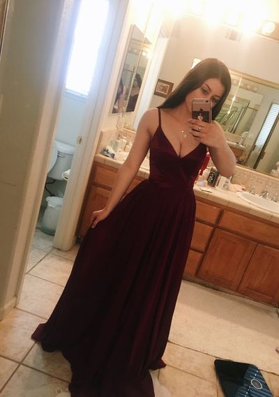 Simple burgundy v neck long prom dress, burgundy evening dress