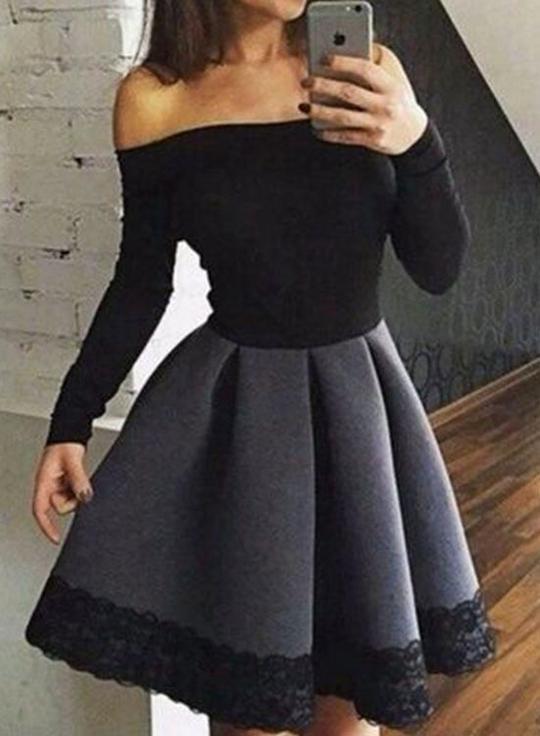 Black and gray lace long sleeve short prom dress, long sleeve homecoming dress