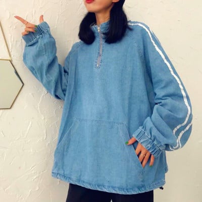 High neck zipper striped denim overhead jacket - Thumbnail 4