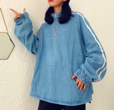 High Neck Zipper Striped Denim Overhead Jacket