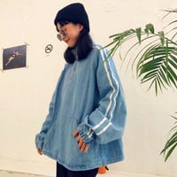 High Neck Zipper Striped Denim Overhead Jacket - Thumbnail 1