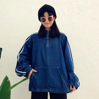 High Neck Zipper Striped Denim Overhead Jacket - Thumbnail 3