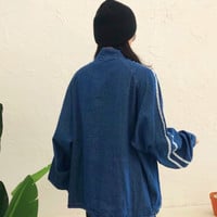 High Neck Zipper Striped Denim Overhead Jacket - Thumbnail 4