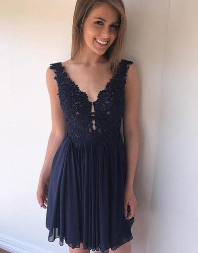 Cute A line v neck lace short prom dress, homecoming dress