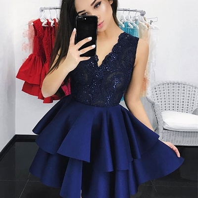 Cute dark blue lace short prom dress, lace homecoming dresses - Thumbnail 3