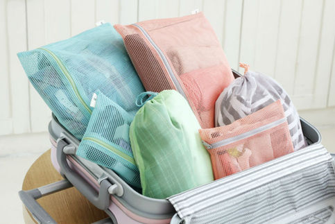 1 Set PEACH & LAKE BLUE COLOR 4 Different Size Travel Packing Mesh Travel Pouch 2 Set