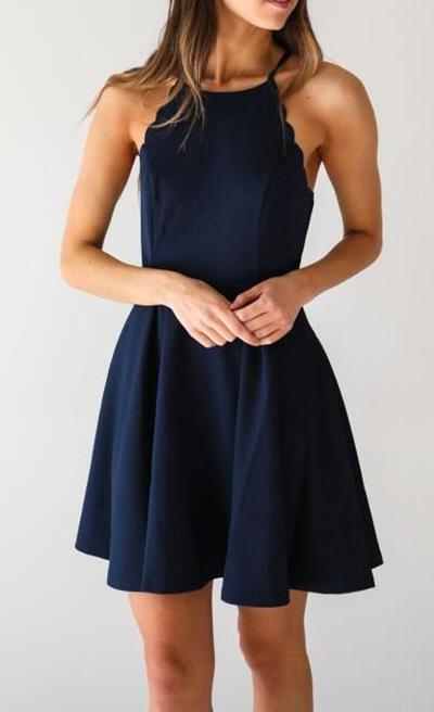 Simple Dark Navy Homecoming Dress,A-Line Halter Short prom Dress,Short Homecoming Dress