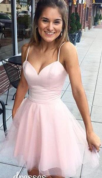 Spaghetti Strap Pink Prom Dress,Cheap Short Prom Dress,Tulle Cute Homecoming Dress,A line Graduation Dress