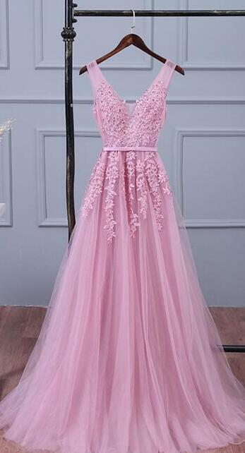 Lace Porm Dress,Cheap Pink Prom Dress,Long Party Dress,Sexy V Neck Prom Dresses