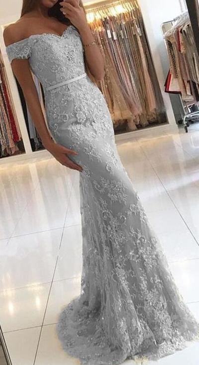 Off the Shoulder Prom Dresses,Long Eveing Dress,Grey Prom Dresses,Prom Dresses for Women