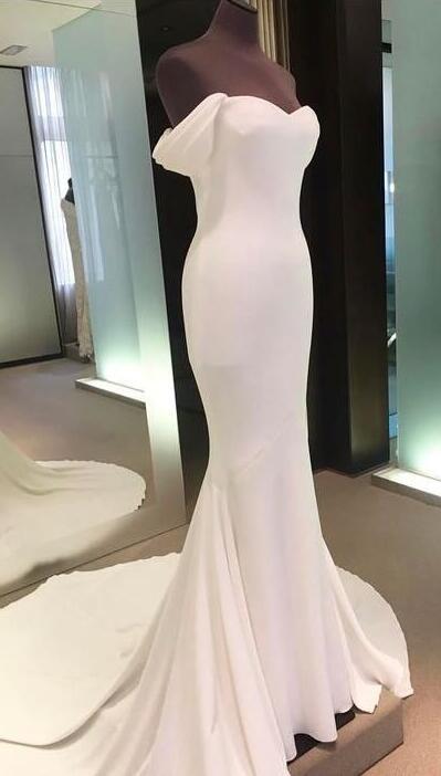 White prom Dress,Off Shoulder long prom dress,mermaid cheap Prom Gown