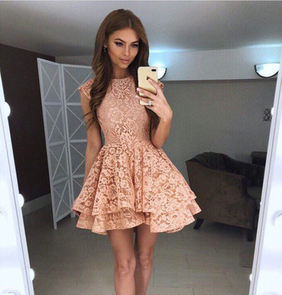 Cute A line lace short prom dress, lace homecoming dress
