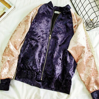Harajuku Velvet Color Block Embroidered Baseball Jacket - Thumbnail 4