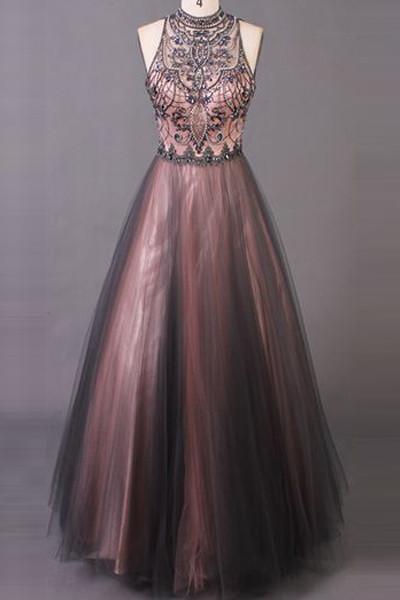 Z180 Backless A-Line Beading Tulle Sleeveless Charming Prom Dress