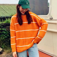 Casual Orange Striped Knit Sweater - Thumbnail 3