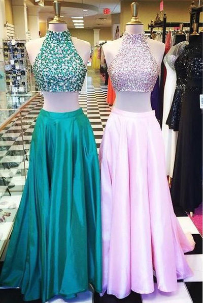 Hot Sell 2 Piece Hunter Green/Pink Long Prom Dresses