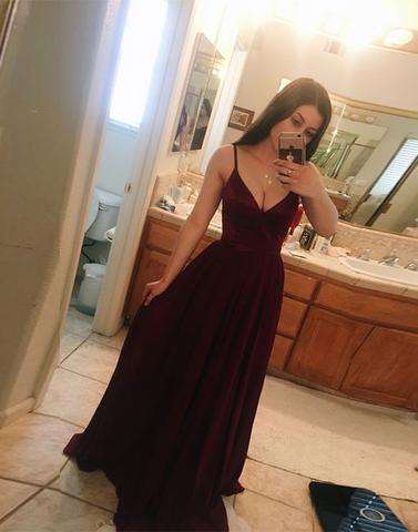 Burgundy A-line v neck long prom dress, burgundy evening dress