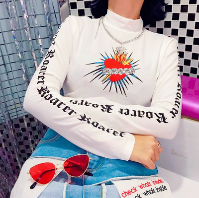 Punk Heart Rose Flower Printed Slim Long Sleeve T-shirt