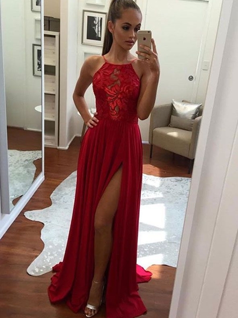 Simple red A line chiffon lace long prom dress,red evening dress